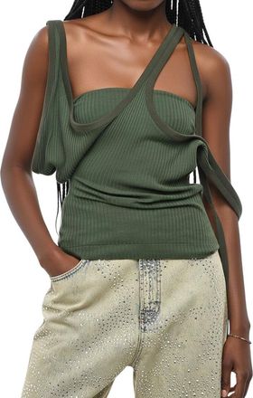 The Attico Dark Green Textured Asymmetric Neck Top