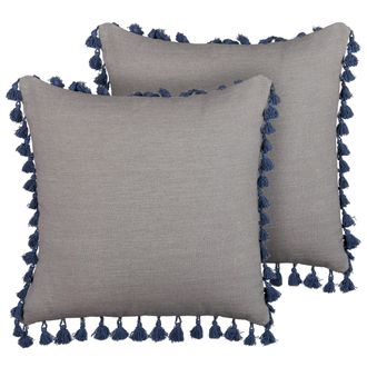 Beliani Conjunto De 2 Cojines De Lino Gris Azul 45 X 45 Cm Borlas Cremallera Carpinus