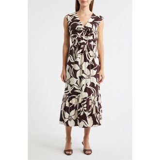 Anne Klein Print Bow Detail Sleeveless Midi Dress in Java Chip/Ivory Shell at Nordstrom, Size 10