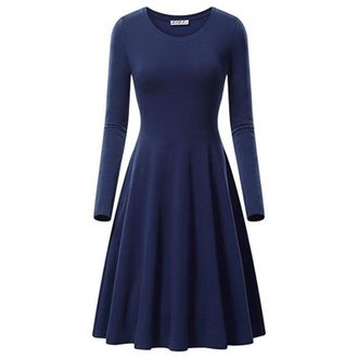 Generic Womens Dress Plain A Line Swing Skater Dress Crew Neck Midi Dresses Casual Flared Long Sleeve Dress Fall Pleated Knee Length Dress Ladies Flowy Holida