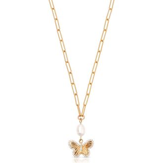 Ettika Butterlfy & Freshwater Pearl Pendant Necklace in Gold at Nordstrom