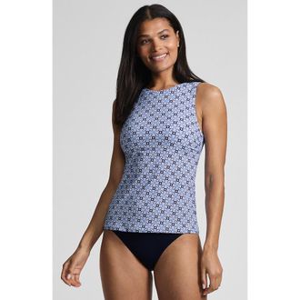 Lands End D-Cup Chlorine Resistant High Neck UPF 50 Sun Protection Modest Tankini Swimsuit Top in Lake Blue Geo Floral at Nordstrom, Size 10