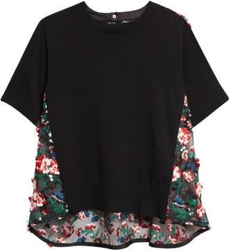 sacai Mixed Media Embroidered Organza & Cotton Blend Pullover Sweater in Black at Nordstrom, Size 3