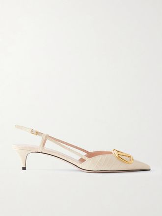 Valentino Garavani D&eacute;collet&eacute; Slingback In Pelle Effetto Coccodrillo Con Decorazione Vlogo 40 - Crema