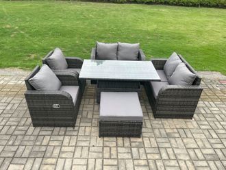Fimous Rattan Furniture Outdoor Garden Dining Set Patio Height Adjustable Rising lifting Table Love Sofa Chair in Dark Grey