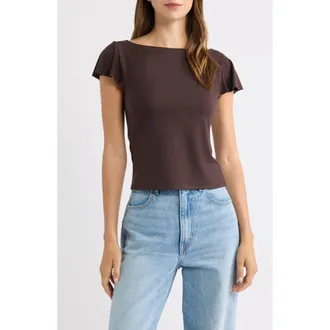 Reformation Jensen Flutter Sleeve Boat Neck Top in Mole at Nordstrom, Size X-Small
