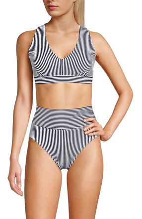 Lands End Chlorine Resistant V-neck Midkini Swimsuit Top and High Leg High Waisted Bottoms 2 Piece Set in Deep Sea Navy Mini Stripe at Nordstrom
