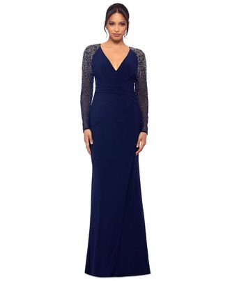 Betsy & Adam Mesh-Sleeve V-Neck Evening Gown In Blue