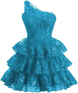 Generic One Shoulder Homecoming Dress Short Sparkly Sequin Prom Dress for Teens Lace Tulle Tiered Ruffle Cocktail Party Evening Gown Aqua 10