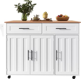 STILVORA Isla De Cocina Con 2 Cajones, 3 Compartimentos Y Encimera Abatible Con Ruedas, En Mdf, 129x71x91,5 Cm