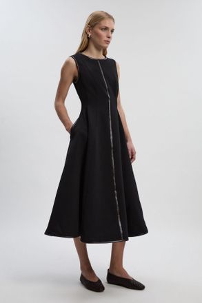 Karen Millen Womens Compact Stretch Pu Mix Sleeveless Full Skirted Tailored Midi Dress - Black - Size 14 UK