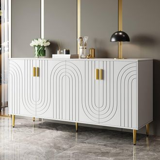 Merax Fluted Sideboard with Gold Legs, 4 Doors, Console Cabinet in White