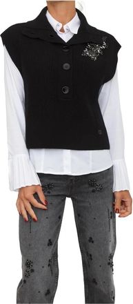 Liu Jo Gebreide Vest met Strass-steentjes - Dames - V-hals truien - Zwart - XS - Wol - Truien & Vesten