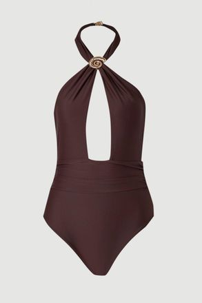 Karen Millen Womens Shell Hardware Halterneck Swimsuit - Chocolate Nylon - Size X-Small
