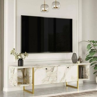 Dmora Dmora - Mueble De Televisi&oacute;n Arneb, Aparador De Sal&oacute;n, Mueble Bajo Para Tv, Base De Pared Equipada, 160x40h48 Cm, Blanco Y Oro, Con Embalaje Reforzado