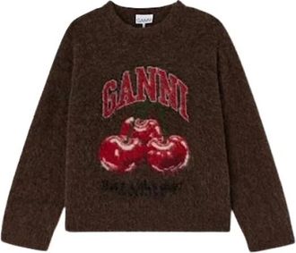 Ganni Geborstelde Alpaca Grafische Oversized Trui - Dames - Ronde hals truien - Bruin - XS - Wol - Truien & Vesten