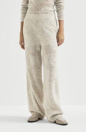 Brunello Cucinelli Lace flowers knit track trousers in sparkling mohair and virgin wool in Buff at Nordstrom, Size Xxx-Large