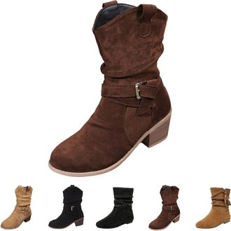 Generic Women Suede Mid-Calf Boots Winter Chunky Heels Pleated Short Boots Ladies Slouchy Round Toe Rouched Shoes Casual Comfortable Slip On Boot Fall Winter 