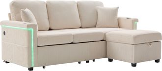 STILVORA Divano Angolare Reversibile 3 Posti In Velluto A Coste Con Contenitore, 2 Cassetti, Portabicchieri, Led E Usb/type-c, Beige