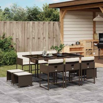 vidaXL Set Comedor De Jard&iacute;n 11 Pzas Y Cojines Rat&aacute;n Sint&eacute;tico Marr&oacute;n Vidaxl