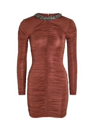 New Arrivals Ross Embellished Ruched Stretch-jersey Mini Dress - Brown - 38 (UK10 / S)