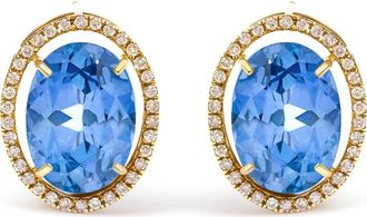 House of Brilliance 18K Yellow Gold 11x14MM Blue Fluorite Oval Stud Earrings with 1/2 Cttw Diamond Halo at Nordstrom