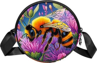 Generic Circle Crossbody Bag for Women, Color Drawing Bee Small Sling Bag Daypack with Zipper Adjustable Shoulder Straps Casual Ladies Girls Round Purse