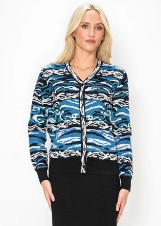 YAL New York Blue Jacquard Cardigan with V-Neck and Black Trim