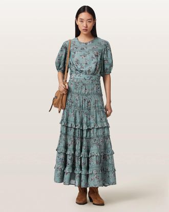 AllSaints Polyester Talia Printed Midi Skirt, Size: UK 14/US 10