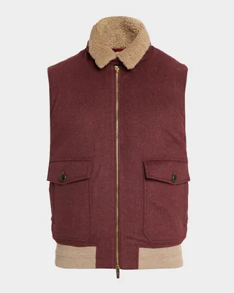 Brunello Cucinelli Men & apos;s Shearling-Collar Wool Down Padded Vest