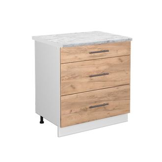 Vicco Mueble Bajo De Cocina Fame-line, Roble Dorado, 80 Cm Con 3 Cajones, Et M&aacute;rmol