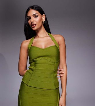 KAIIA Esclusiva Kaiia - Top modellante premium color oliva allacciato al collo e con scollo a cuore in coordinato-Verde