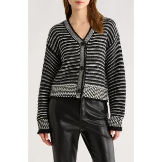 All in Favor Chunky Stripe V-Neck Cardigan in Black White at Nordstrom Rack, Size X-Large