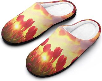 Generic Tulip Flower Blossoming Sunset Womens Cotton Slipper Comfortable Cozy Plush Slippers Anti-Skid Indoor House Closed Toe Shoes