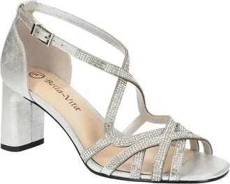 Bella Vita Womens Bella Vita Aliette Sandals Silver Metallic Rhinestone Block Heel HAWK318