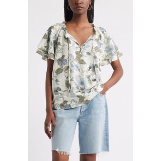 Treasure & Bond Shirred Botanical Print Linen Blend Top in Ivory- Olive Jacobean Bloom at Nordstrom Rack, Size X-Small