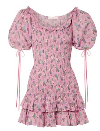 LoveShackFancy Violet Floral Printed Cotton Ruffled Mini Dress Size S