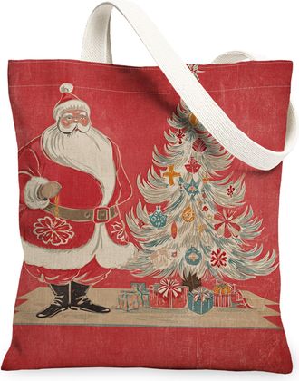 Generic Christmas Vintage Canvas Tote Bags, Holiday Tree and Santa Design Reusable Grocery Bags, Lightweight Washable Shoulder Stra, Red, 13x15 Inch