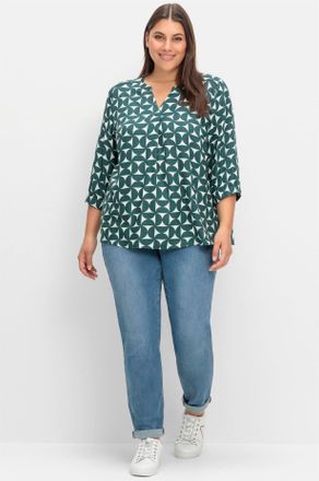 Sheego Longbluse SHEEGO, Damen, Gr. 40, gr&uuml;n (tiefgr&uuml;n, gemustert), 100% Lyocell TENCEL, bedruckt, gemustert, mehrfarbig, V-Ausschnitt, Blusen Longbluse