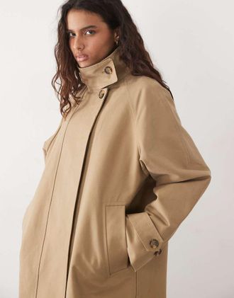 Arket trench corto in cotone cerato con collo a imbuto e dettaglio interno del collo in velluto a coste, beige-Neutro