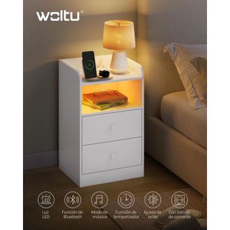 Woltu 1x Mesita De Noche Moderna Para Dormitorio, Con Enchufes, Puertos Usb Y Luces Led, Mesa De Centro Con 1 Tablero, 1 Compartimento Y 2 Cajones Blanco - 