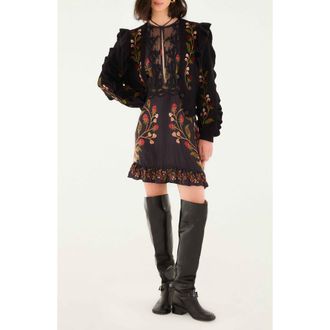 Farm Rio Berry Embroidered Ruffle Cardigan in Black at Nordstrom Rack, Size X-Small