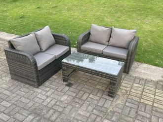 Fimous Dark Grey Rattan Garden Furniture Set Love Sofa 2 Seater Sofa Set Outdoor Rectangular Coffee Table 4 Seater
