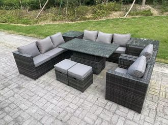 Fimous 9 Seater Outdoor Rattan Garden Furniture Set Adjustable Rising Lifting Dining Table With Side Table Chairs Stools in Dark Grey