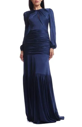 Dress The Population Lucille Pleated Ruched Long Sleeve Gown in Midnight Blue at Nordstrom, Size Large
