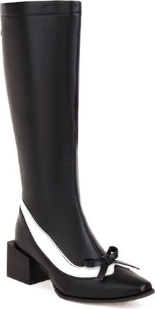 Generic Womens Retro Bow Embellished Knee High Shoes Pointed Toe Block Heel Two Tone Synthetic Leather Comfortable Non Slip Durable for Daily Street Party Wea