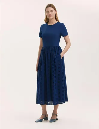 Finery Brea Embroidered Cotton Rich Midi Dress in Indigo at Nordstrom, Size 14
