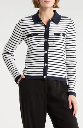 Elie Tahari Stripe Rib Knit Cardigan in Egret/Dark Sapphire at Nordstrom Rack, Size X-Large