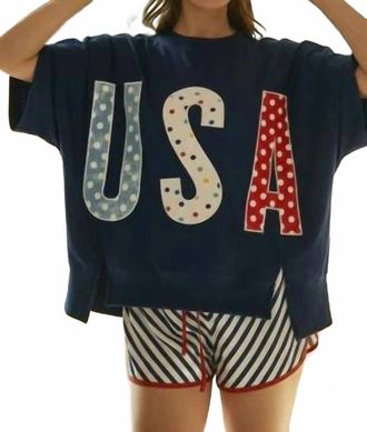 Lovlov 4Th Of July Polka Dot Usa Lettered Patch Work Top In Navy