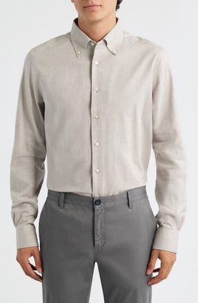 Emanuel Berg Modern Fit Beige M&eacute;lange Brushed Cotton Herringbone Dress Shirt in Light Beige at Nordstrom Rack, Size Medium
